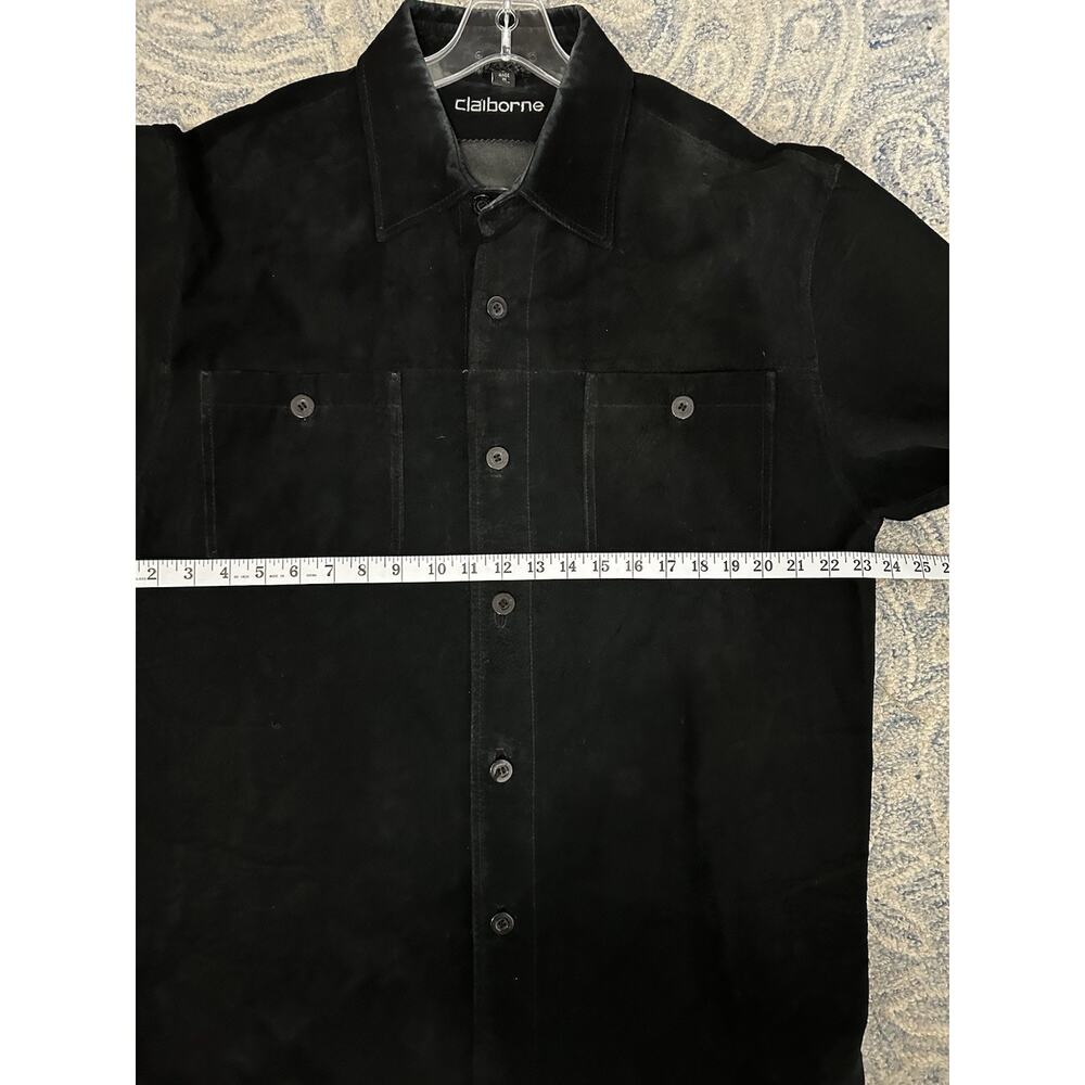 Vintage Claiborne Black Leather Shirt Jacket Mens Large 90s Minimalist Shacket - Picture 3 of 7